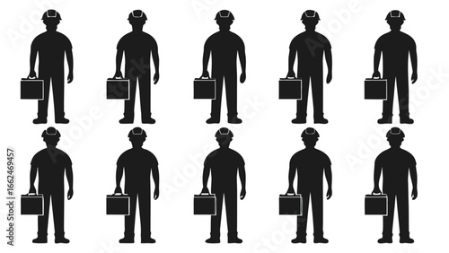 Construction workers holding briefcases silhouettes