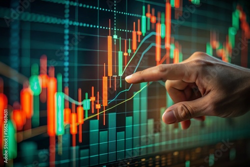 Hand interacting with financial stock market trading candlestick charts analyzing growth opportunities and investment strategies