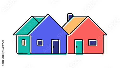 Wallpaper Mural Colorful cartoon houses with simple geometric shapes and black outlines on a black background representing community and housing Torontodigital.ca