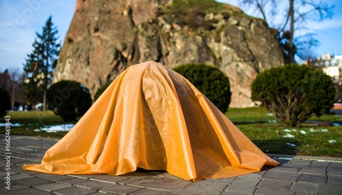 Orange tarp covers a monument
