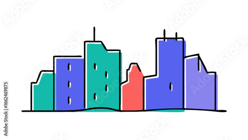 Abstract minimalist colorful cityscape silhouette with various building shapes and sizes against a black background