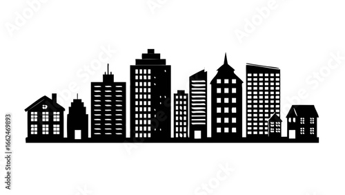 Abstract minimalist white geometric shapes on a black background representing a futuristic cityscape or abstract architectural design
