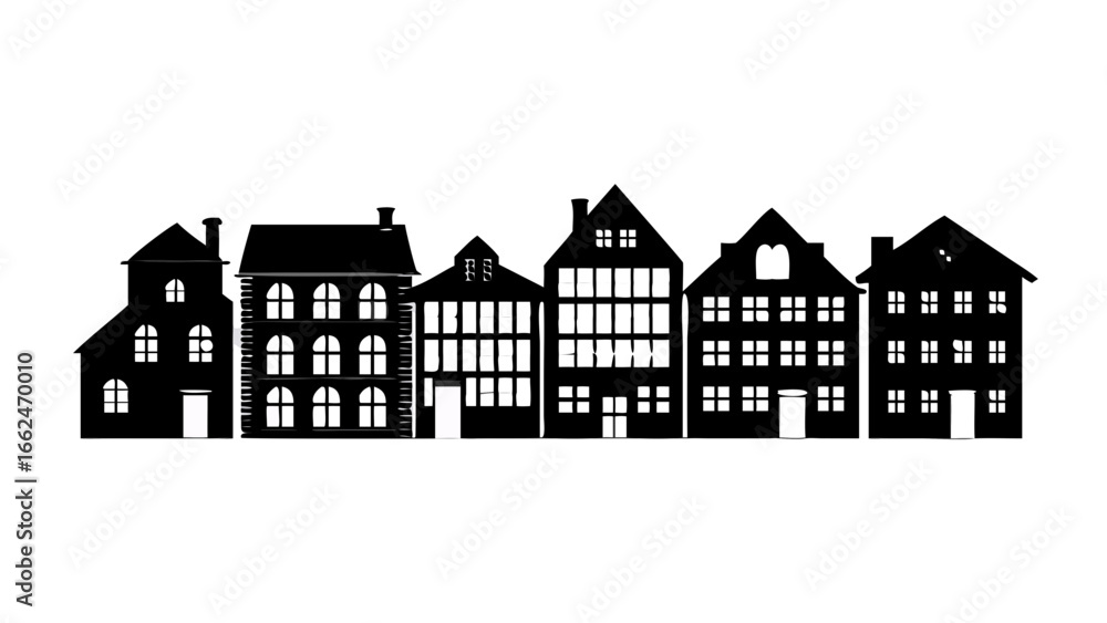 Fototapeta premium Stylized hand drawn sketch of a modern building facade with geometric shapes and abstract elements on a black background