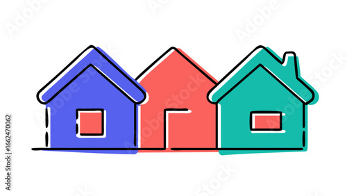 Three stylized houses in blue coral and teal colors with simple outlines and black background representing community or neighborhood concepts