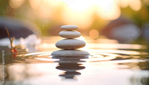 Stacked stones on water, sunset
