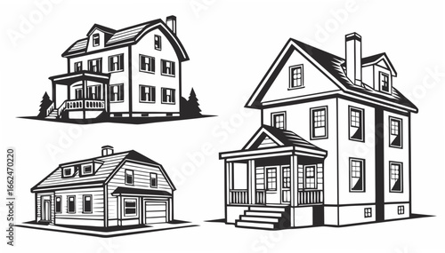 Collection of three distinct black and white vector illustrations of traditional american residential houses with porches and architectural details