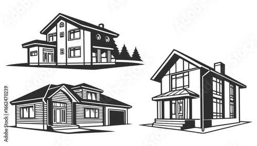 Collection of three distinct modern residential house architectural illustrations in black and white outline style