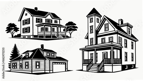 Collection of three distinct vintage black and white house illustrations with architectural details and surrounding trees