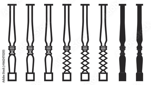 Nine carved balusters with varied designs turned wood
