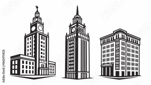 Three stylized black and white architectural illustrations of classic skyscrapers with clock towers and ornate facades against a white background