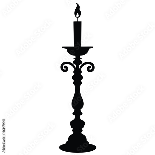 Ornate black candlestick with lit flame silhouette