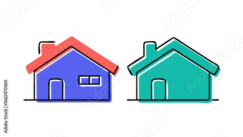 Wallpaper Mural Two simple cartoon houses with red and blue and teal and white colors on a black background Torontodigital.ca