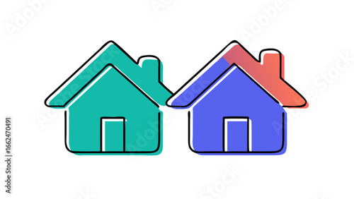 Two stylized hand drawn houses side by side with a teal house and a blue house with a pink roof against a black background
