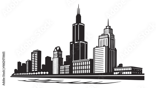 Striking black and white silhouette vector illustration of a modern city skyline with prominent skyscrapers and a waterfront