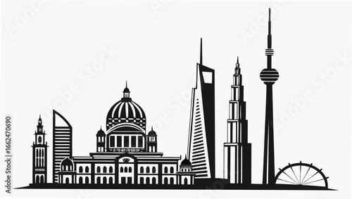 Stylized black and white silhouette of a famous city skyline featuring iconic buildings and a ferris wheel