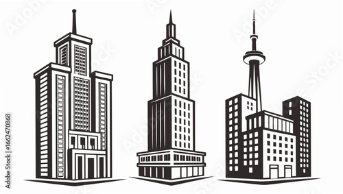 A striking black and white illustration showcasing a trio of iconic modern skyscrapers and a prominent observation tower against a clean white background