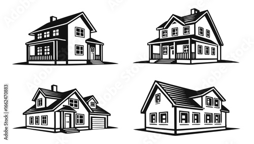 Collection of four distinct black and white architectural illustrations of traditional american suburban houses with varying rooflines and porch designs