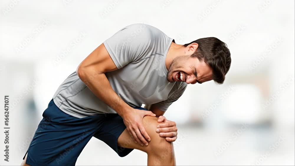 Knee Pain: A person displays discomfort as he touches his knee, showcasing the strain of physical exertion or an injury. Knee Pain: A person displays discomfort as he touches his knee, showcasing the strain of physical exertion or an injury.