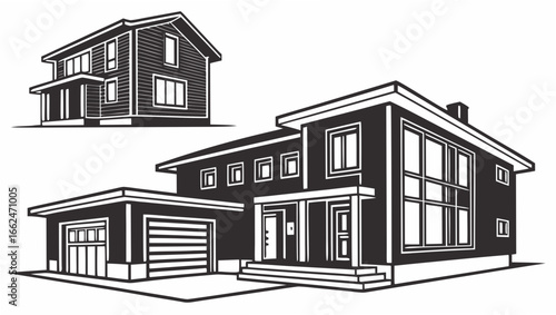 Stylized black and white vector illustration of two modern residential houses with garages and architectural details