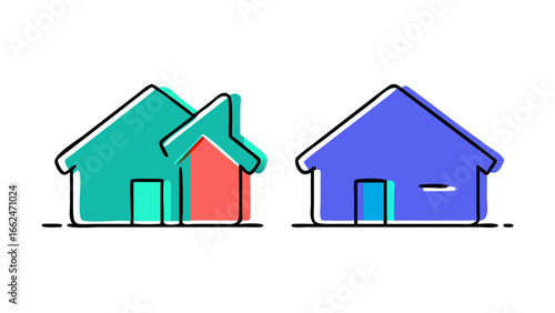 Wallpaper Mural Stylized graphic representation of two abstract houses with bold outlines and vibrant color blocking against a black background Torontodigital.ca