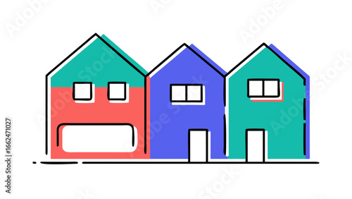 Three colorful simple cartoon houses with white windows and doors lined up against a black background