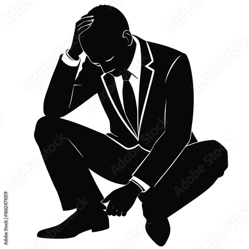 Vector art of silhouette of a stressed businessman squatting with his head in his hand, representing failure and despair