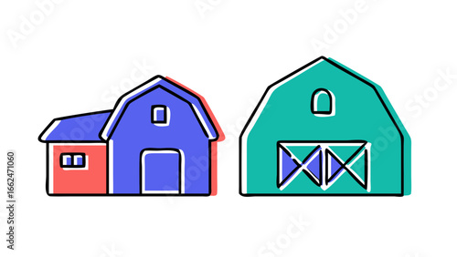 Two stylized cartoon barns one blue with a red attached structure and one teal isolated on a black background