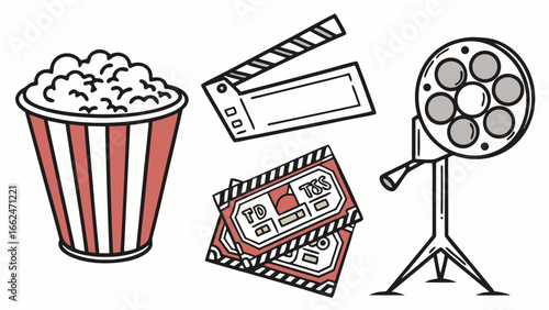 Collection of cinematic symbols including a bucket of popcorn movie tickets a clapperboard and a film reel on a tripod