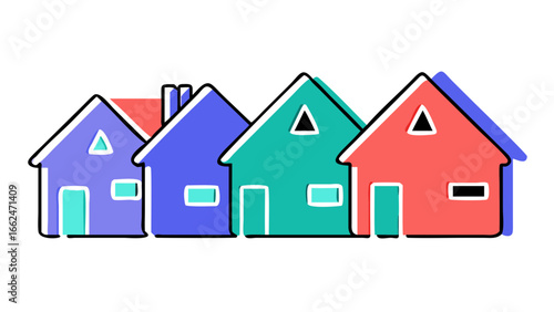 Row of four colorful stylized hand drawn houses with simple windows and doors against a black background