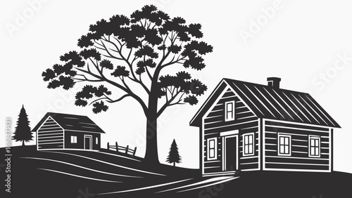 Rustic log cabin village scene with a large tree and rolling hills in a stylized black and white silhouette