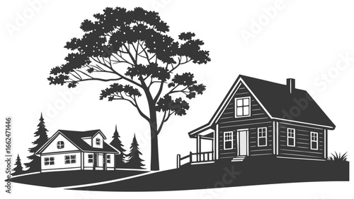 Two charming rustic wooden houses nestled on a grassy hill beneath a large deciduous tree and pine trees