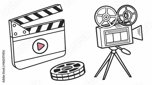 Vintage movie camera on tripod clapperboard with play button and film reel isolated on white background