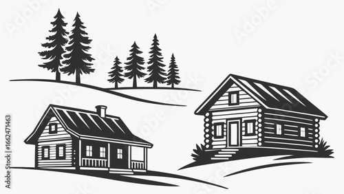 Two rustic wooden log cabins and a cluster of pine trees in a stylized silhouette landscape