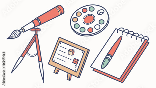 A charming collection of artistic tools including a paintbrush on a tripod easel a paint palette a notebook with a pen and a framed certificate