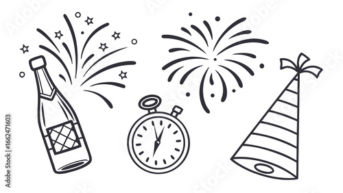 Celebratory new year s eve elements including a champagne bottle fireworks a stopwatch and a party hat drawn in a simple outline style