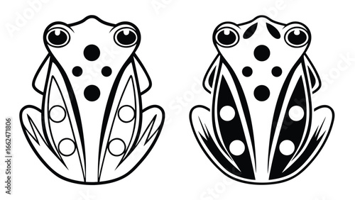 Two stylized frogs black and white illustration amphibian