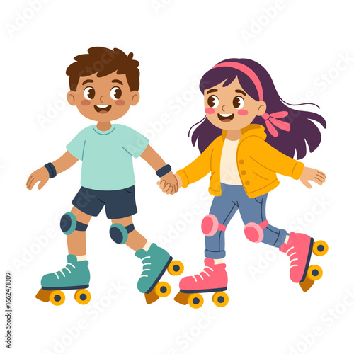 Kids Roller Skating Cartoon Illustration of Boy and Girl Having Fun