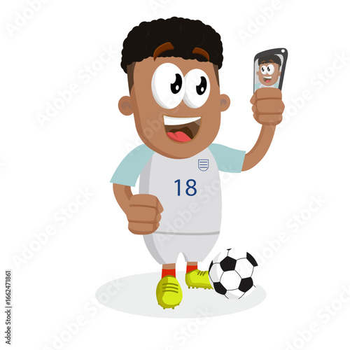 Happy Soccer Player Mascot Taking Selfie with Mobile Phone for Social Media Post and Fans