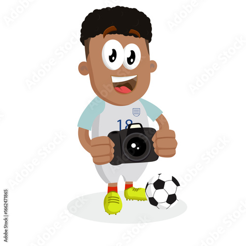 Soccer Player Mascot Character Holding Professional Camera Taking Photos of Sport Events and Hobby