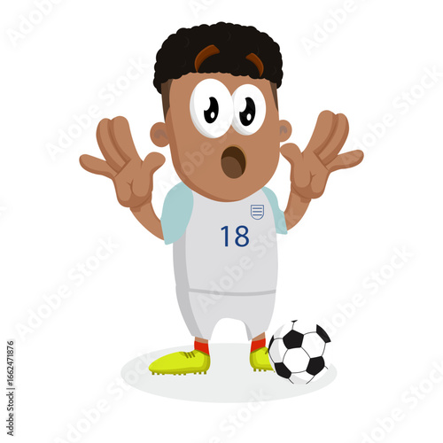 Shocked Soccer Player Mascot Raising Hands in Surprise with Open Mouth and Football Ball