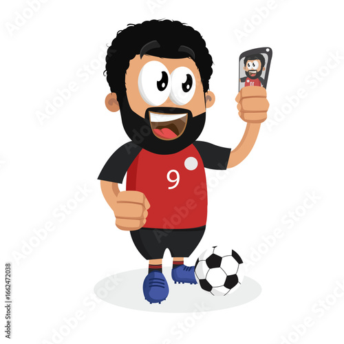 Soccer Player Mascot With Afro Hair Recording Live Stream Video On Smartphone After Game
