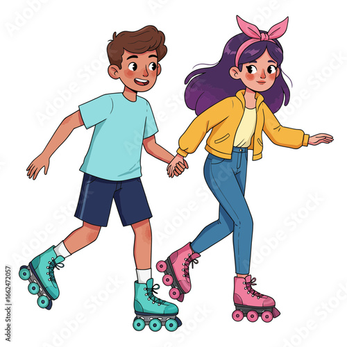 Kids Roller Skating Cartoon Illustration of Boy and Girl Having Fun