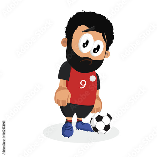 Depressed Soccer Player Mascot With Afro Hair Looking Sad Standing With Football Ball