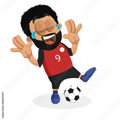 Joyful Soccer Player Mascot With Afro Hair Laughing Out Loud After Scoring Winning Goal
