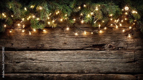 Rustic wood backdrop with warm fairy lights and pine boughs
