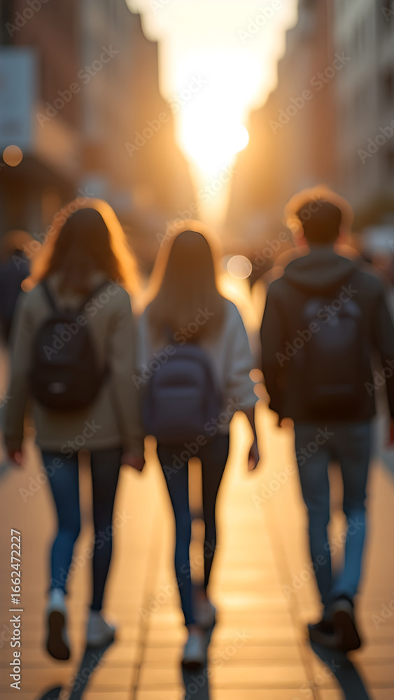 Fototapeta premium Blurred image of a group of modern teenagers walking together on a blurry city street. Casual street fashion, vertical shot.