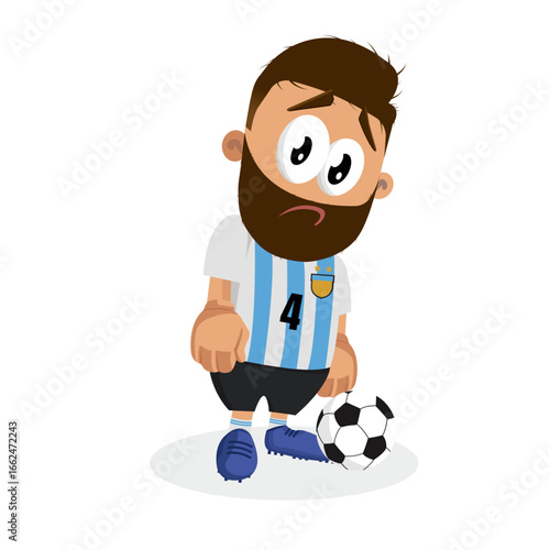 Sad And Anxious Soccer Player Mascot With Beard Looking Down Reflecting Loss Or Injury