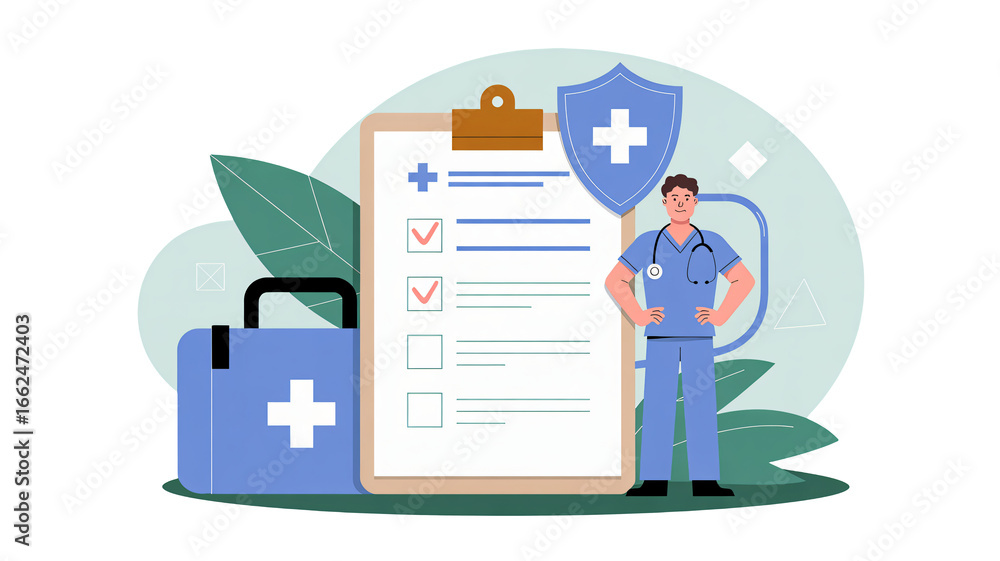 Obraz premium Medical professional with checklist and shield shows healthcare concept