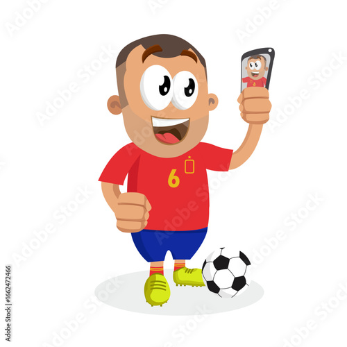 Modern Soccer Player Character Taking Selfie With Smartphone Celebrating Social Media Engagement After Winning Football Match