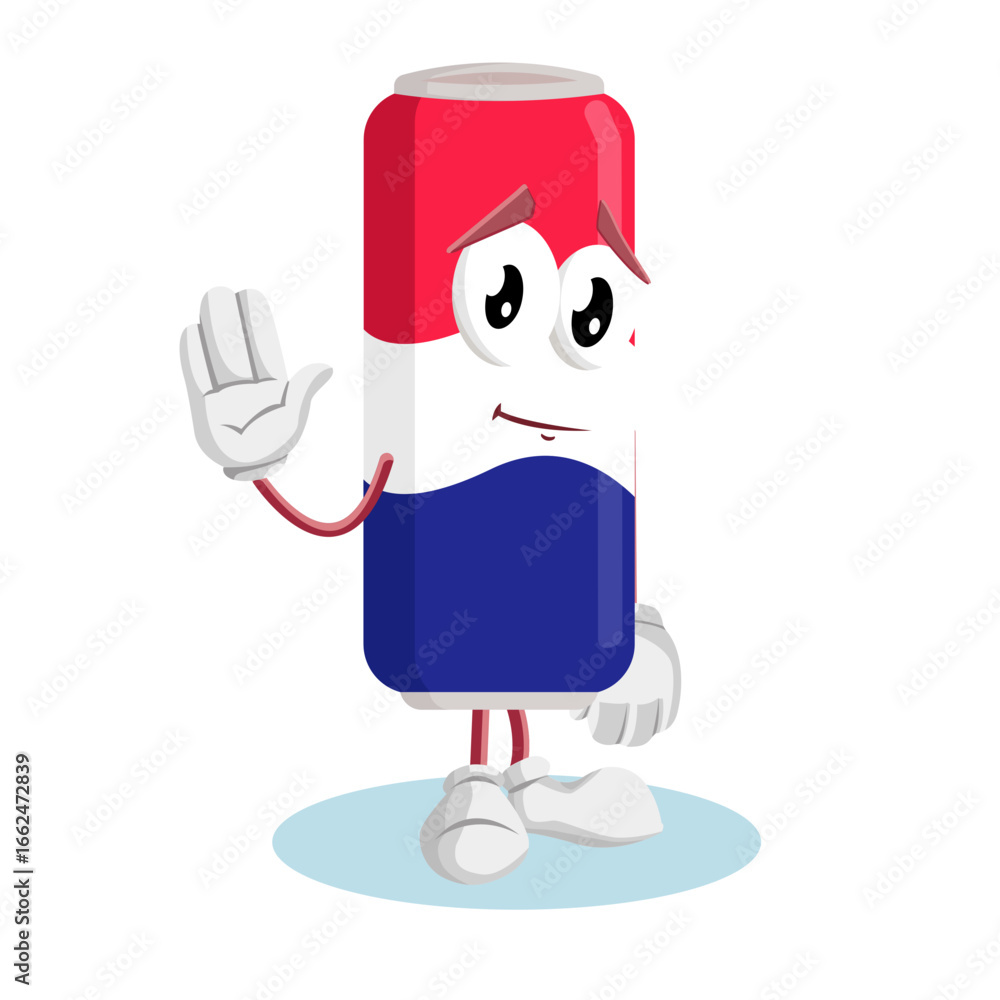 Fototapeta premium Blue And Red Soda Can Character Waving His Hand To Say Hello